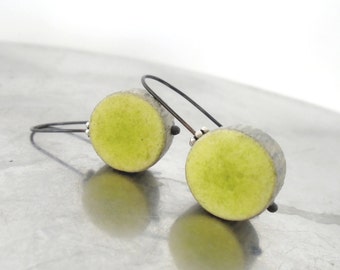 Green chartreuse and grey clay earrings modern minimal  disc round  eco friendly textured rustic, air dry clay. black sterling, faux ceramic