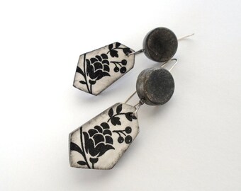 Black and white clay floral earrings decoupage polygonal geometric modern contemporary rustic flower sterling silver long earrings romantic