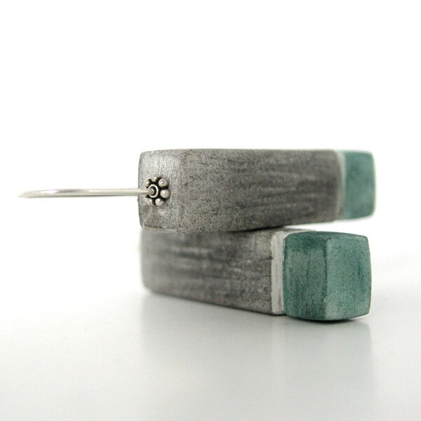 Modern stick grey & emerald green air dry clay earrings, industrial geometric, faux cement concrete, minimalist jewelry, sterling, cubic