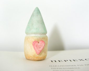 Little lovely clay house, miniature, green pastel, yellow, pink heart, air dry clay, sculptured, fairy, by antigonicreations