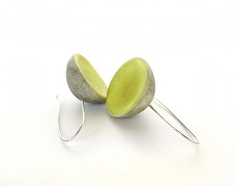 Chartreuse yellow grey minimal clay earrings eco friendly air dry clay rustic pear green faux ceramic organic form geometric sterling silver