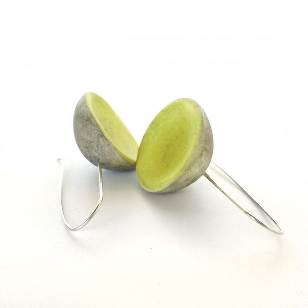 Chartreuse yellow grey minimal clay earrings eco friendly air dry clay rustic pear green faux ceramic organic form geometric sterling silver