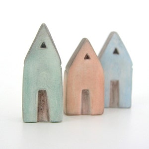 Miniature clay house, sculpture, Mediterranean, air dry clay, sky blue, mint green apricot grey rustic, pastel, triangle roof, set of 3 image 3