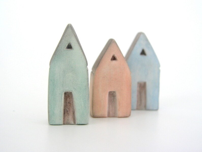 Miniature clay house, sculpture, Mediterranean, air dry clay, sky blue, mint green apricot grey rustic, pastel, triangle roof, set of 3 image 3