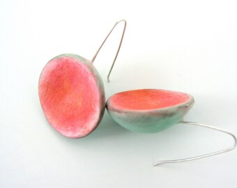 Air dry clay dome earrings, coral pink, green mint, salmon pink, organic, color block, sterling silver, modern jewelry, sculptural earrings