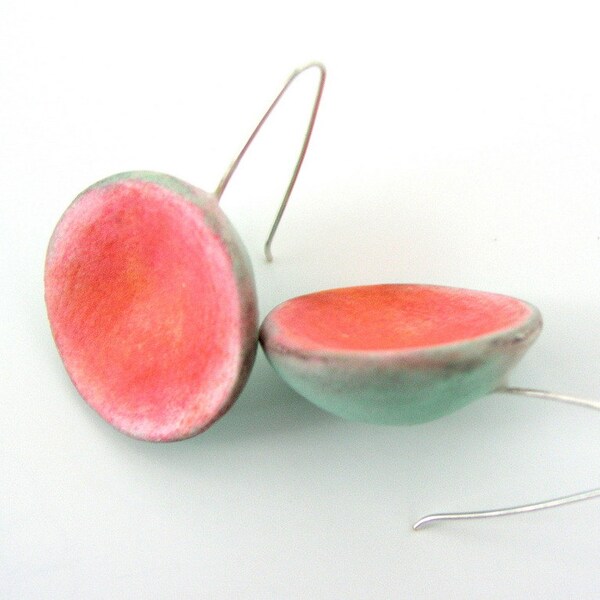 Air dry clay dome earrings, coral pink, green mint, salmon pink, organic, color block, sterling silver, modern jewelry, sculptural earrings