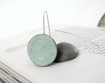 Grey, green mint dangle earrings, air dry clay, eco friendly, modern minimal, dome earrings, natural, sterling silver earrings