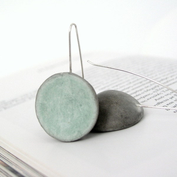 Grey, green mint dangle earrings, air dry clay, eco friendly, modern minimal, dome earrings, natural, sterling silver earrings