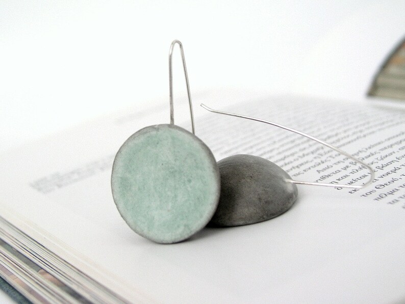 Grey, green mint dangle earrings, air dry clay, eco friendly, modern minimal, dome earrings, natural, sterling silver earrings image 1