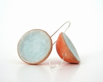 Orange tangerine ice blue clay minimal dome earrings rustic color block, spring pastel, air dry clay earrings, organic form, sterling silver