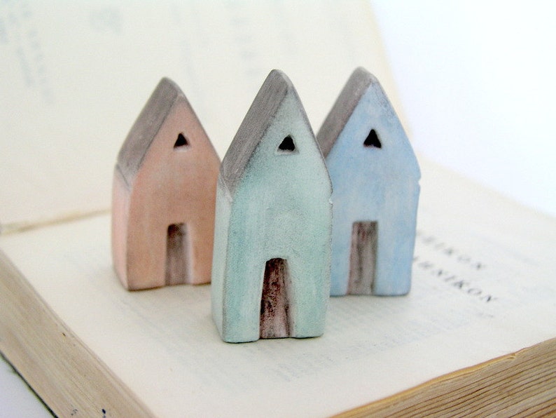 Miniature clay house, sculpture, Mediterranean, air dry clay, sky blue, mint green apricot grey rustic, pastel, triangle roof, set of 3 image 4