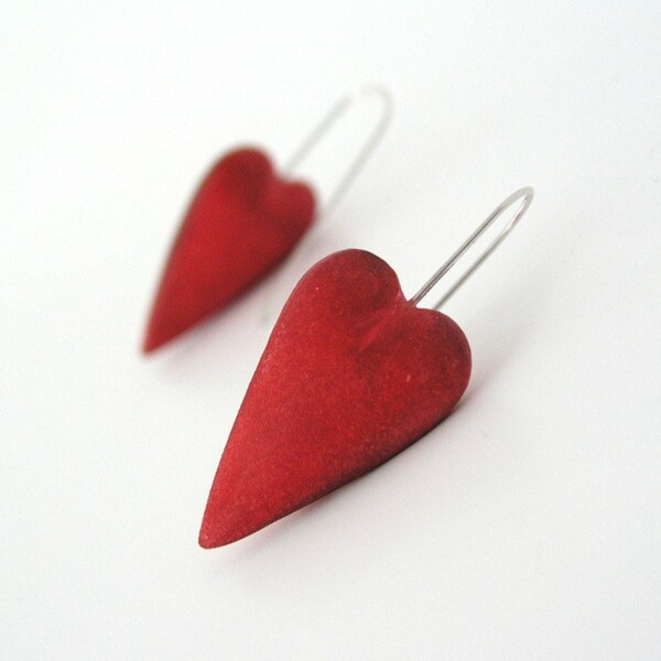 Valentine earrings red clay hearts love earrings  Valentines day rustic romantic earrings sterling silver, air dry clay minimal earrings