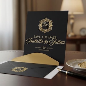 Puede incluir: Conjunto de invitación de boda negro y dorado con sobre y sellos de cera a juego. La invitación dice "Save the Date" con los nombres Isabella & Julian, fecha y lugar. Un bolígrafo dorado descansa sobre la mesa.
