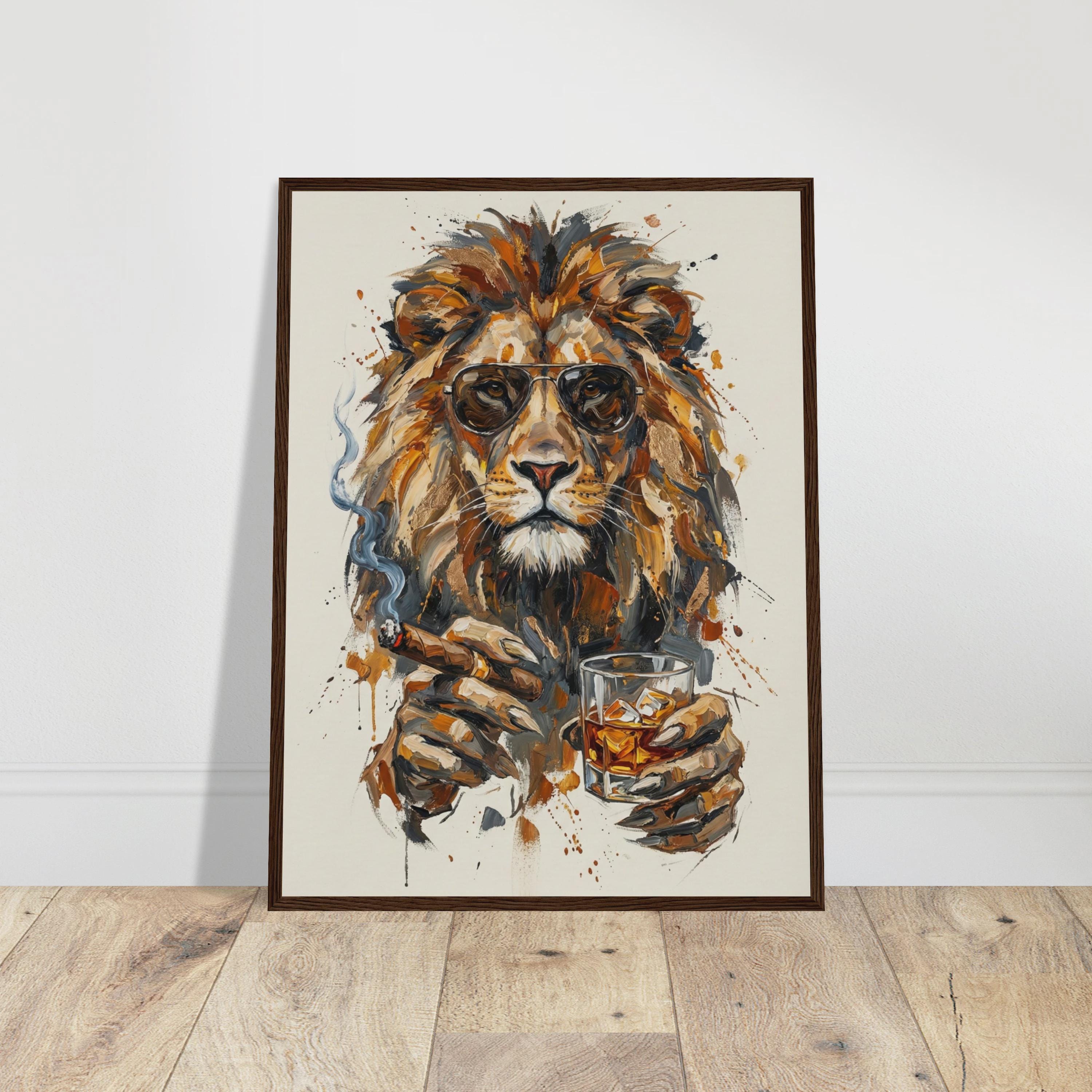 Lion With Whiskey and Cigar Wall Art, Majestic Lion Painting