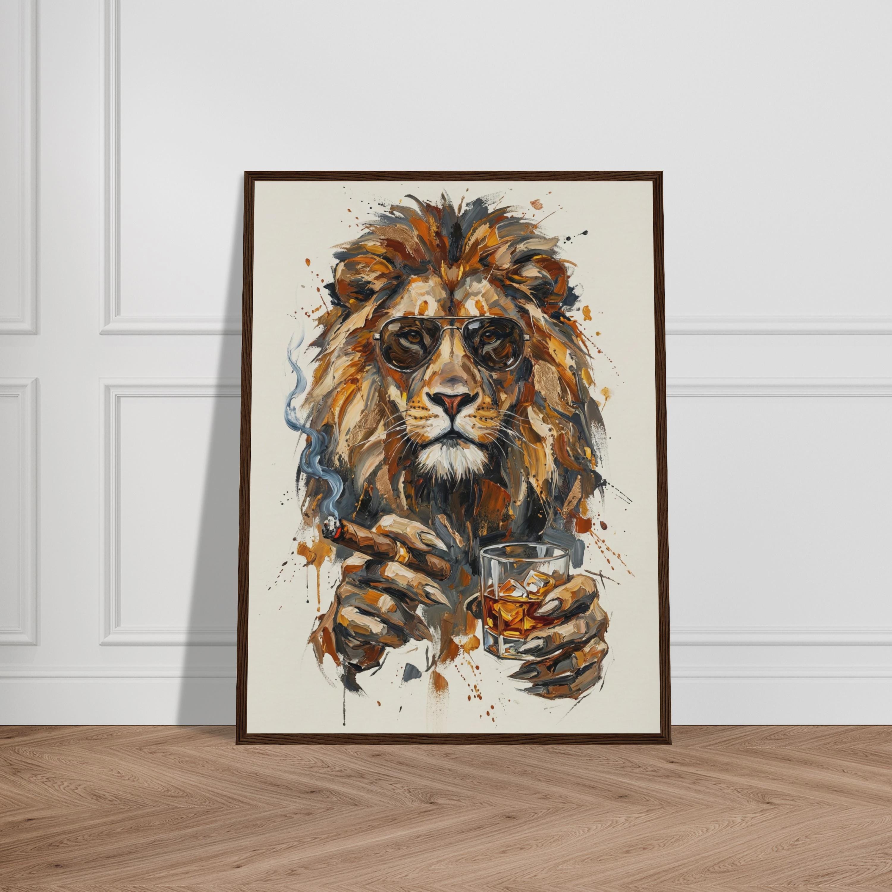 Lion With Whiskey and Cigar Wall Art, Majestic Lion Painting