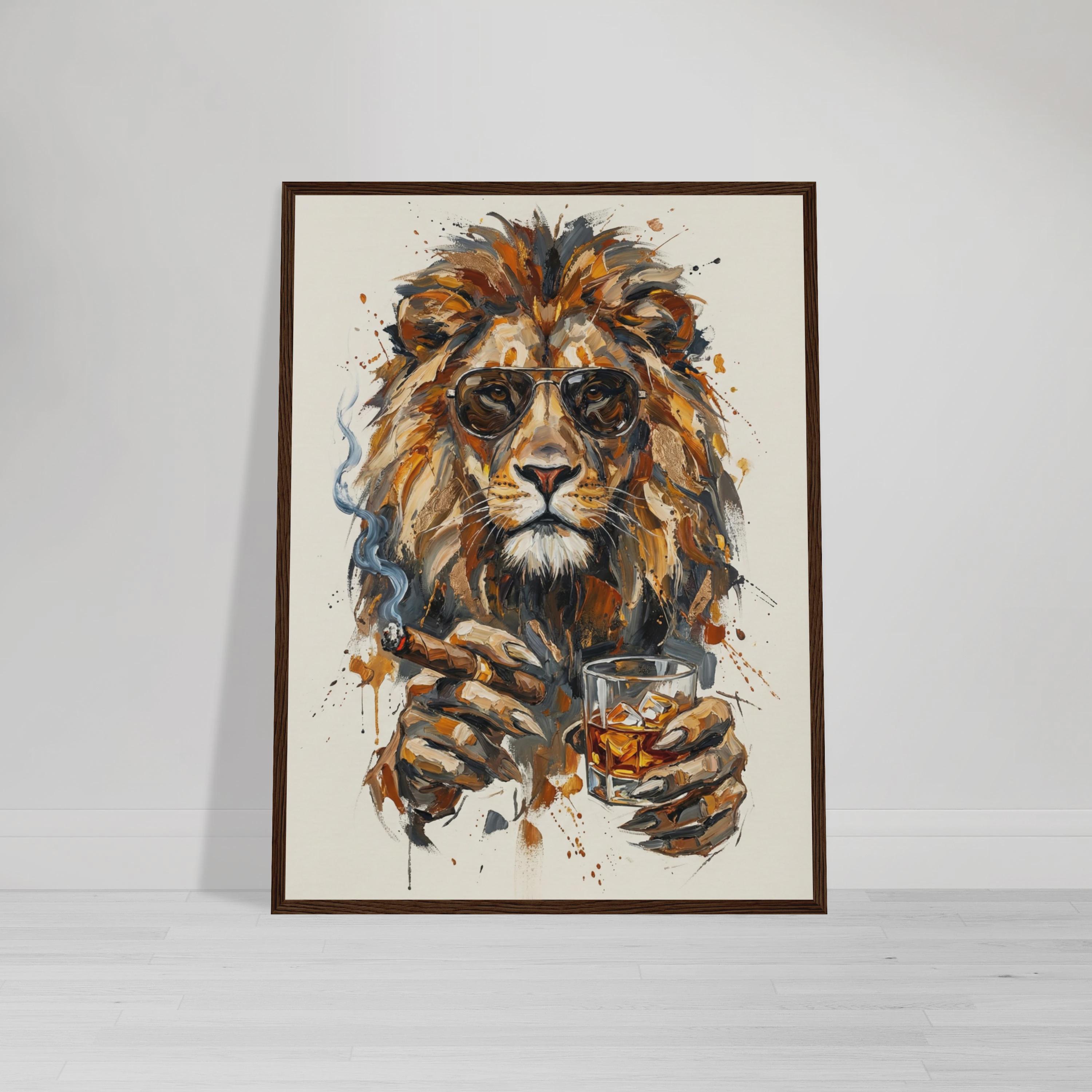 Lion With Whiskey and Cigar Wall Art, Majestic Lion Painting