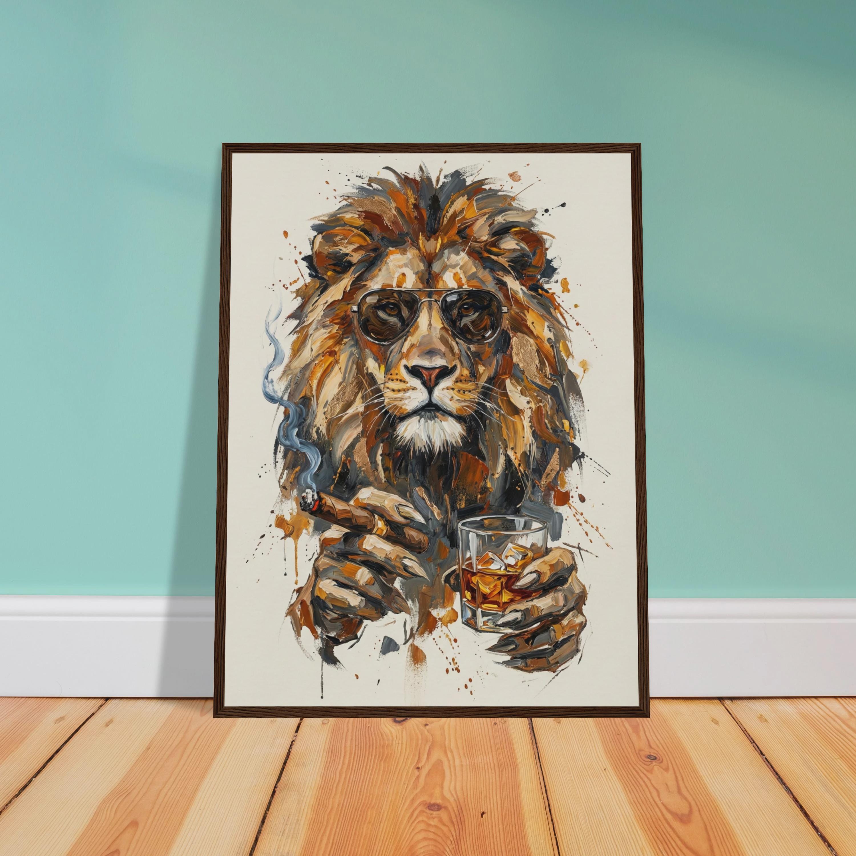 Lion With Whiskey and Cigar Wall Art, Majestic Lion Painting