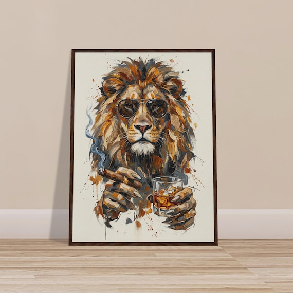 Lion With Whiskey and Cigar Wall Art, Majestic Lion Painting