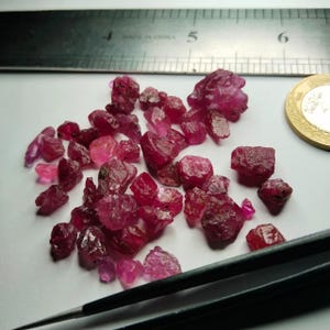 Puede incluir: Un conjunto de gemas de rubí en bruto, sin cortar, en varios tonos de rojo y rosa. Se ve una regla metálica con marcas en centímetros, junto con una moneda y unas pinzas.