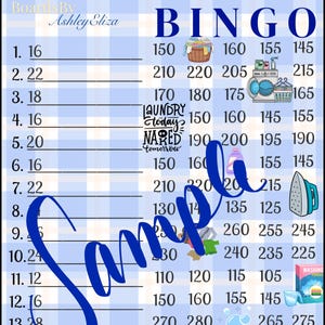 Könnte beinhalten: Eine blau-weiß karierte Bingo-Karte mit dem Text "SORTING OUT LIFE" und "BINGO". Die Karte enthält Illustrationen zum Thema Wäsche und den Text "LAUNDRY today, NARED tomorrow". Das Wort "Sample" ist über die Karte geschrieben.