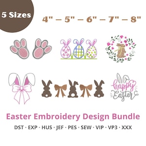 Könnte beinhalten: Ein Ostern-Stickdesign-Bundle mit Pfoten, Ostereiern, Hasen, Schleifen und dem Text "happy Easter". Erhältlich in 5 Größen, von 10,16 cm bis 20,32 cm.
