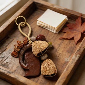 Peut inclure: Un porte-clés artisanal composé d'éléments naturels : une pièce en bois incurvée marron, deux coquilles de noix et diverses graines. Le porte-clés est attaché à un anneau doré et à un cordon beige. Les éléments sont disposés dans un plateau en bois avec une pile de petites cartes vierges.