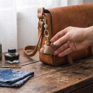 以下が含まれることがあります： 長いストラップが付いた茶色の革のサッチェルバッグ。茶色、ベージュ、黒のビーズと、2つの小さな、質感のある、茶色のベル型のチャームが付いた装飾的なキーチェーンがバッグからぶら下がっています。バッグは木製の表面にあります。