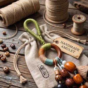Może przedstawiać: Ręcznie wykonany amulet z drewnianym pierścieniem owiniętym zieloną, pomarańczową, beżową i turkusową włóczką, przymocowany do beżowego woreczka. Amulet zawiera brązowe, czarne i białe koraliki oraz etykietę z napisem HANDMADE AMULET.