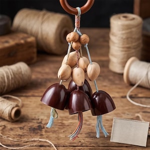 May include: A decorative hanging ornament featuring a dark brown wooden ring at the top, connected by light blue and multicolored threads to several natural wooden beads, light-colored wooden nut-like shapes, and three dark brown bell-shaped pieces.