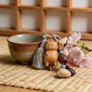 May include: A carved wooden cat charm with a closed-eye expression, attached to a multi-coloured fabric tassel and a string of small brown seed pods and blue beads, positioned next to a small ceramic bowl and a sprig of light pink cherry blossoms.