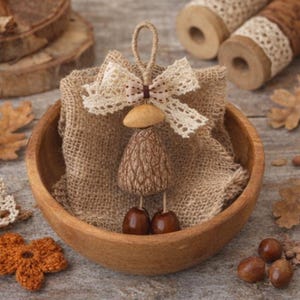 May include: A handmade wooden mushroom ornament with a textured cap and acorn feet, adorned with a lace bow. It rests on burlap inside a wooden bowl, with additional acorns and decorative elements nearby.