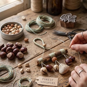 May include: A wooden table with craft supplies including twine, a tin of beads, conkers, a wooden stamp, scissors, and a tag reading "FOREST WHISPERS." A person is shown working with a needle and thread. The scene evokes a natural, handmade aesthetic.