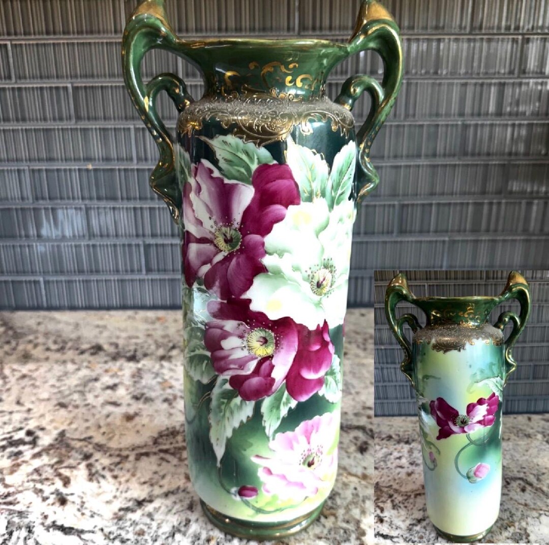 Vintage Hand Painted Moriage Floral Cylinder Vase, Gilded Double Handle ...