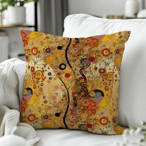 Housse de coussin Klimt en velours - Oreiller décoratif Art nouveau arbre de vie doré