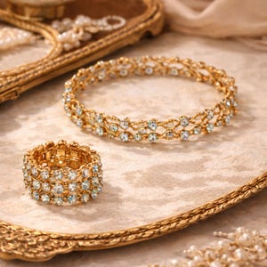May include: A gold-toned bracelet and ring set with clear, sparkling gemstones. The bracelet is a multi-strand design, and the ring is a stretch band. The jewelry is displayed on a decorative gold tray with a pearl necklace.