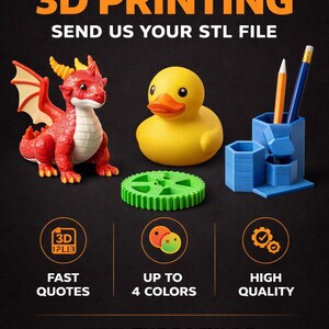 May include: An advertisement for custom 3D printing services. The image showcases a red dragon figurine, a yellow rubber duck, a green gear, and a blue pencil holder. Text includes "CUSTOM 3D PRINTING" and "SEND US YOUR STL FILE."