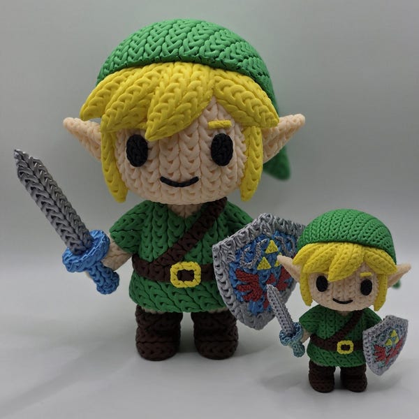 Figura de Link estilo tejido impresa en 3D – Exhibición de coleccionista de 8 pulgadas – Cabeza giratoria, espada, escudo