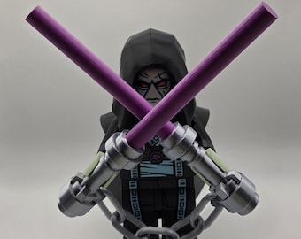 Sith-Inspired Minifigure Display | Dual Purple Sabers, 9" Tall 3D Printed Fan Art