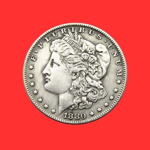 Könnte beinhalten: Eine silberne Münze mit dem Profil einer Frau, umgeben von Text und Sternen, vor rotem Hintergrund. Die Münze trägt das Jahr 1880. Die Inschriften lauten "E PLURIBUS UNUM" und "LIBERTY".