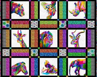 In the Beginning Fabrics Colorful Animals Quilt Kit Appx 54x54 Cotton