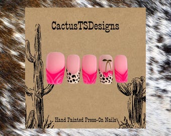 Hot Pink, Cherries and Leopard Press On Nails. Full Nail Set (Customizable)
