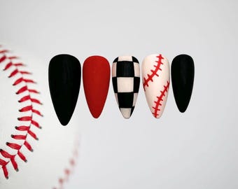 Black and Red Checkered Baseball Press on Nails.