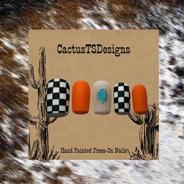 Turquoise and Checked Press on Nails set (Customizable)