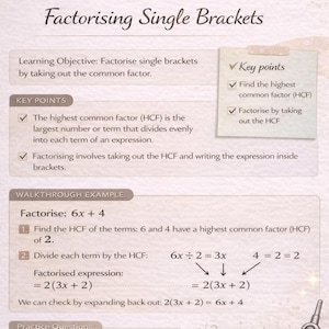 Peut inclure: Graphique éducatif pour la révision d'algèbre GCSE Maths (Higher). L'image explique la factorisation des parenthèses simples, y compris les points clés et un exemple de procédure pas à pas. Une calculatrice, un compas et un livre ouvert sont également présentés.