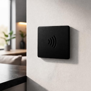 Könnte beinhalten: Ein quadratisches, schwarzes Gerät mit abgerundeten Ecken ist an einer weißen Wand befestigt. Das Gerät hat ein ausgeschnittenes, geschwungenes Wellensymbol, das auf drahtlose Kommunikation hindeutet. Das minimalistische Design und die dunkle Farbe erzeugen eine moderne Ästhetik.