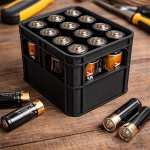 Peut inclure: Un organisateur de piles en plastique noir rempli de piles AA. Plusieurs piles en vrac sont éparpillées autour de l'organisateur sur une surface en bois. Des outils sont visibles en arrière-plan.