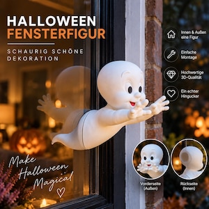 Könnte beinhalten: Eine weiße Halloween-Fensterfigur in Geisterform mit lächelndem Gesicht, schwarzen Augen und rotem Mund. Die Figur ist so gestaltet, dass sie aussieht, als würde sie durch das Glas dringen, mit einem sichtbaren Vorderteil außen und einem Rückteil innen.