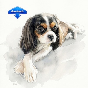 Retrato digital en acuarela de un Cavalier King Charles Spaniel, pintura de perro.