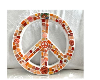 Retro ORANGE Mosaic PEACE SIGN - Stained Glass Art Piece
