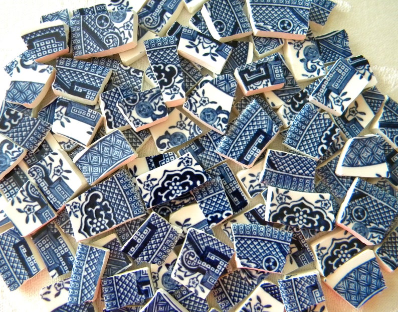 BLUE WILLOW MINI Tiles Vintage Mosaic China Recycled Plates 50 Tiles image 2